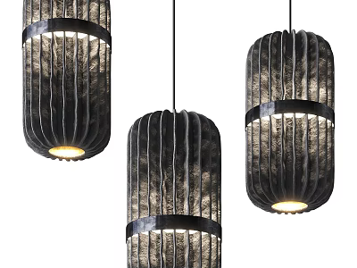 Three Modern Pendant Lights With Woven Fabric Design And Black Accents Emitting Warm Light 3d model