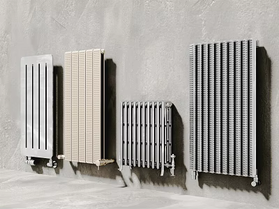Modern Home Heating Radiators In Various Designs Mounted On Gray Wall With Light Floor 3d model