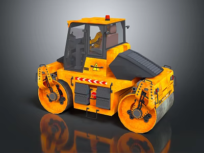 Yellow Road Roller With Dual Large Rollers Cab And Warning Light 3d model