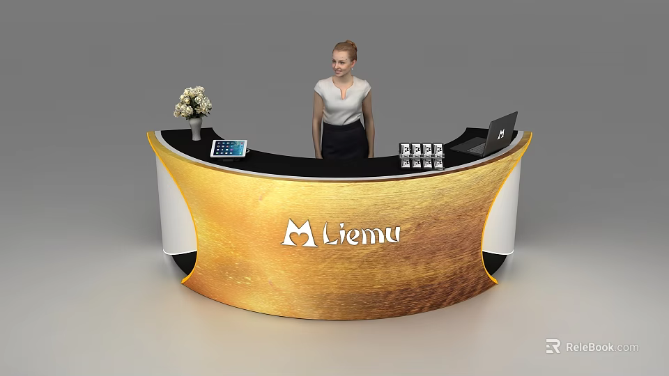Golden Curved Reception Desk With Liema Logo Receptionist Flower Arrangement Tablet Laptop And Small Boxes 3d model 