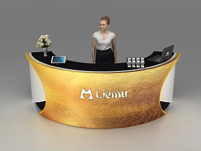 Golden Curved Reception Desk With Liema Logo Receptionist Flower Arrangement Tablet Laptop And Small Boxes 3d model