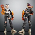 Two Short Haired Characters With Orange Black Mechanical Arms Ripped Pants Sneakers On Gray Background