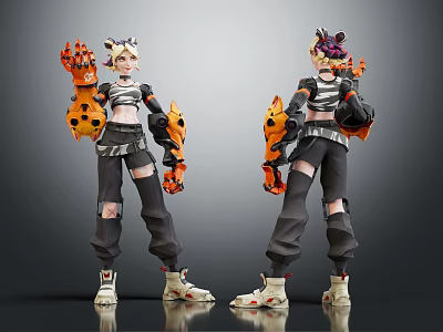 Two Short Haired Characters With Orange Black Mechanical Arms Ripped Pants Sneakers On Gray Background 3d model