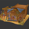 Cartoon Scene With Orange House Blue And White Striped Awning And Decorative Flags Barrels Plants
