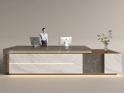 Modern Front Desk Reception With Marble Countertop Computer Monitors Professional Woman And Potted Plant 3d model