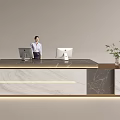 Modern Front Desk Reception With Marble Countertop Computer Monitors Professional Woman And Potted Plant