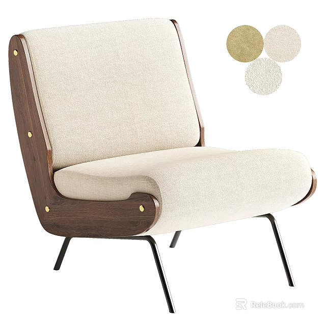 Modern Accent Chair With Light Beige Fabric Walnut Wood Frame And Black Metal Legs 3d model 