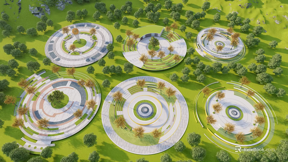 Scenic Square Landscape Design With Multiple Circular Plazas Lush Trees And Green Lawns 3d model 