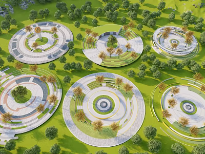 Scenic Square Landscape Design With Multiple Circular Plazas Lush Trees And Green Lawns 3d model