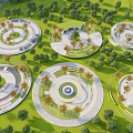 Scenic Square Landscape Design With Multiple Circular Plazas Lush Trees And Green Lawns