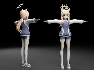 Anime Style Woman With Cat Ears Blue White Tracksuit And Sneakers 3d model