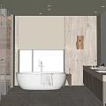 Modern Bathroom Interior With Glass Shower White Bathtub Large Window Blinds And Double Vanity