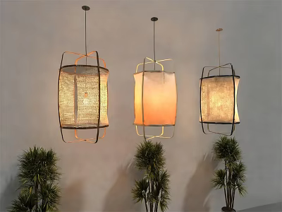 Modern Decorative Chandeliers With Square Frames And Woven Shades Above Green Plants In Light Wall 3d model