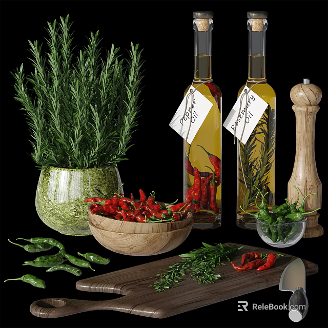 Fresh Red Green Chili Peppers and Rosemary in Wooden Bowl Olive Oil Bottles Pepper Grinder 3d model 