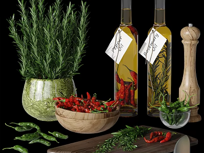 Fresh Red Green Chili Peppers and Rosemary in Wooden Bowl Olive Oil Bottles Pepper Grinder 3d model