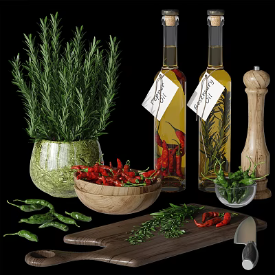 Fresh Red Green Chili Peppers and Rosemary in Wooden Bowl Olive Oil Bottles Pepper Grinder 3d model