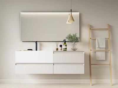White Floating Bathroom Vanity With Backlit Mirror Pendant Light Green Plant And Wooden Towel Ladder 3d model