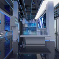 Modern Hi tech Exhibition Hall with Blue Lighting Displays and Exhibition Stands