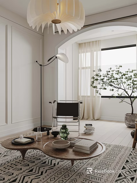 Modern Coffee Table With Floor Lamp Green Plant And Chair Near Window Curtains 3d model 