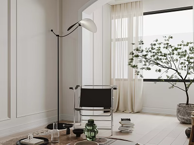 Modern Coffee Table With Floor Lamp Green Plant And Chair Near Window Curtains 3d model