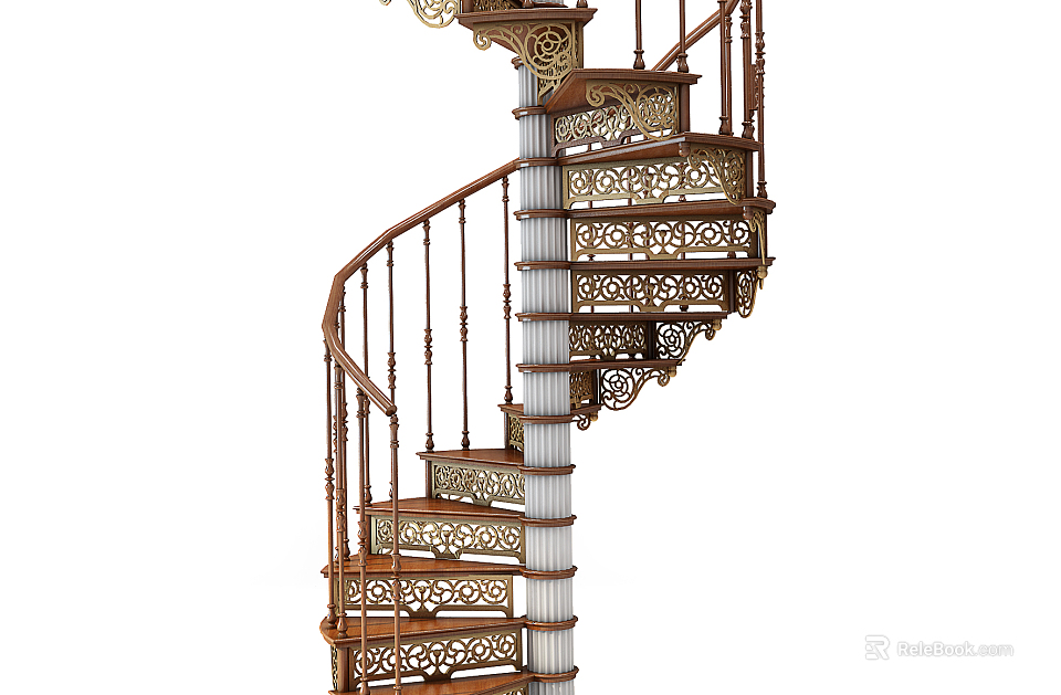 Elegant Spiral Staircase With Ornate Railings And Intricate Wooden Steps Design 3d model 