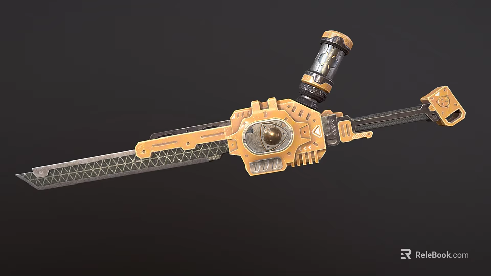 Mechanical Golden Black Sword With Patterned Blade And Ornate Hilt Device 3d model 