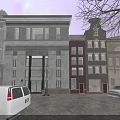 Modern Building Exterior With Stylish Swing Doors On Evening Street Scene