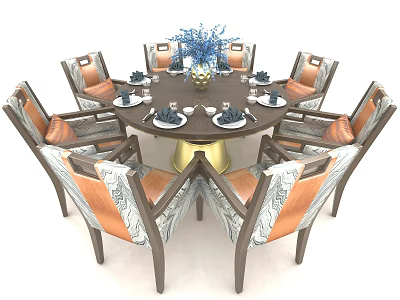 Round Dining Table Set With Gold Base Wooden Leather Chairs And Blue Floral Centerpiece Tableware 3d model