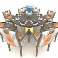 Round Dining Table Set With Gold Base Wooden Leather Chairs And Blue Floral Centerpiece Tableware