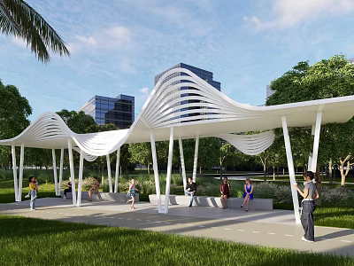 Modern White Wavy Canopy Structure In Urban Park With People Resting On Lawn 3d model