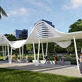 Modern White Wavy Canopy Structure In Urban Park With People Resting On Lawn