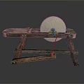 Traditional Stone Mill on Wooden Stand with Grinding Wheel and Vintage Design