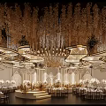 Luxurious Banquet Hall Interior With Golden Chandeliers Decorative Leaves And White Flowers