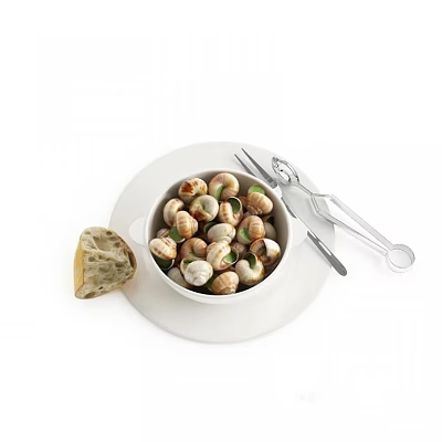 White Ceramic Cup With Snail Appetizer Bread Clips Knife And Plate Setting 3d model