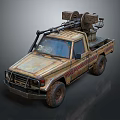 Vintage Tank Style Modified Pickup Truck With Rusty Exterior And Roof Mounted Weapon