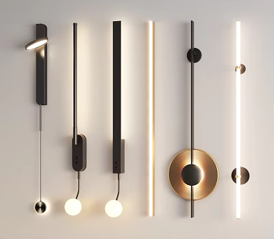 Modern Stylish Wall Lamps With Slim Linear And Sphere Designs In Black Gold Metal 3d model