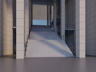 Long White Staircase With Black Railings And White Columns Under Skylight Light On Gray Floor 3d model