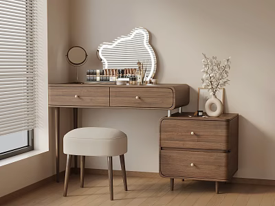 Wooden Dressing Table Interior Design With Mirror Drawers Stool Vase Flowers And Blinds 3d model