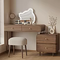 Wooden Dressing Table Interior Design With Mirror Drawers Stool Vase Flowers And Blinds