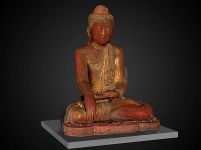 Exquisite Seated Buddha Sculpture With Gold And Red Carved Details On Stone Base 3d model