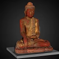 Exquisite Seated Buddha Sculpture With Gold And Red Carved Details On Stone Base