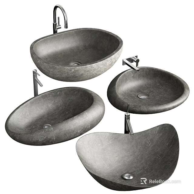 Modern Gray Stone Textured Washbasins With Oval And Irregular Shapes And Faucets 3d model 