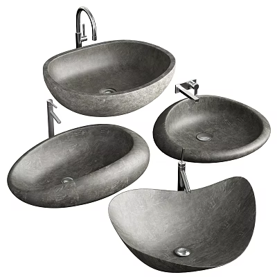 Modern Gray Stone Textured Washbasins With Oval And Irregular Shapes And Faucets 3d model