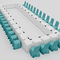 Rectangular White Conference Table Surrounded by Turquoise Chairs with Meeting Place Settings 3d model