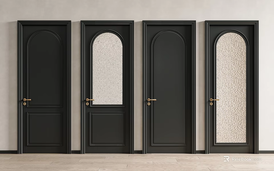 Elegant Black Swing Doors with Glass Panels Gold Handles on Light Wall Wooden Floor 3d model 