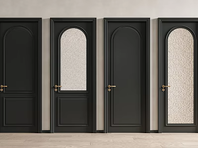 Elegant Black Swing Doors with Glass Panels Gold Handles on Light Wall Wooden Floor 3d model