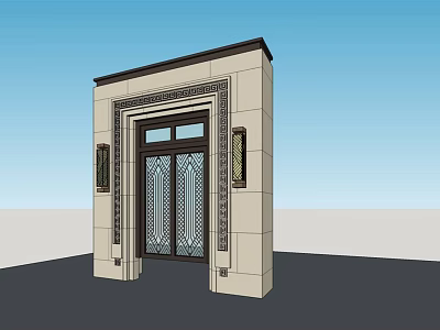 Elegant Entrance Gate With Carved Stone Details And Glass Door Panels 3d model