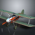 Vintage Aerospace Biplane Model With Green Orange Wings Silver Nose Cross Symbols Propeller