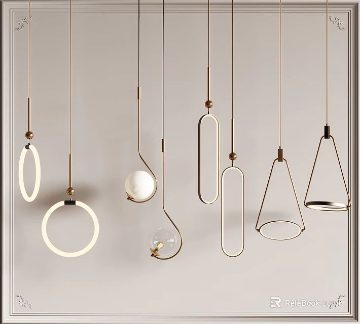 Stylish Modern Pendant Lights Showcasing Various Designs Hanging On Light Wall 3d model 