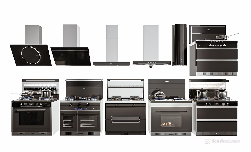 Modern Stainless Steel Kitchen Appliances Featuring Range Hoods Gas Stoves And Ovens 3d model 